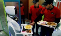 Un robot realizat sub forma unei chelneriţe poliglote serveşte pizza şi cartofi prăjiţi într-un restaurant